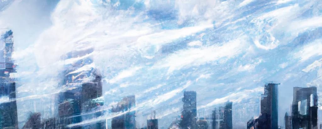 Futuristic city skyline under a dynamic, swirling blue and white sky, suggesting a sci-fi atmosphere.