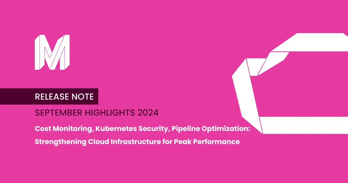 Pink graphic with "Release Note: September Highlights 2024" and topics on cloud infrastructure, cost monitoring, and Kubernetes security.