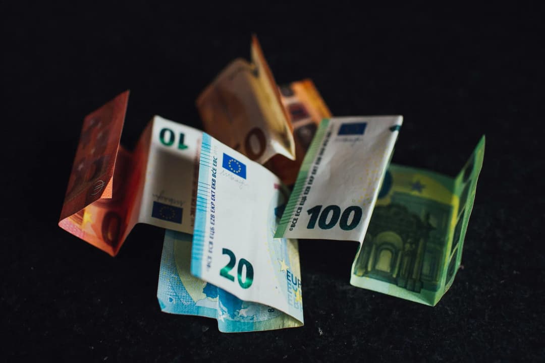 Euro banknotes in various denominations scattered on a dark surface.