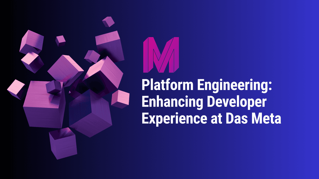 3D purple cubes on a black-to-blue gradient background with text: "Platform Engineering: Enhancing Developer Experience at Das Meta."