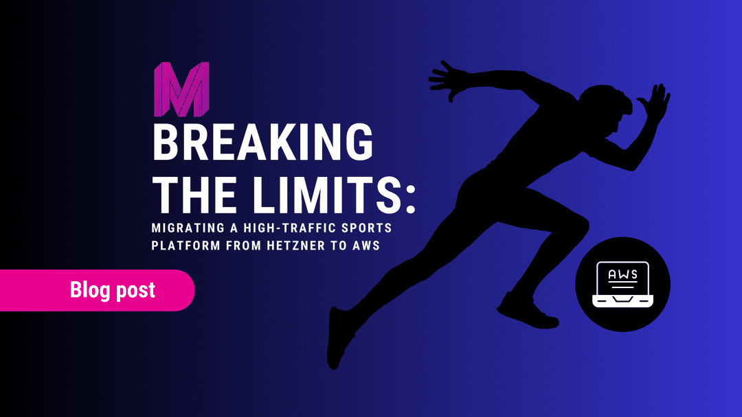 Silhouette of a sprinter on a blue background with text about migrating a sports platform from Hetzner to AWS. Blog post label on the left.