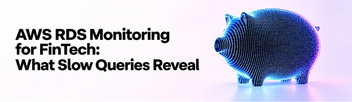 AWS RDS Monitoring for FinTech cover with a blue data-point piggy bank