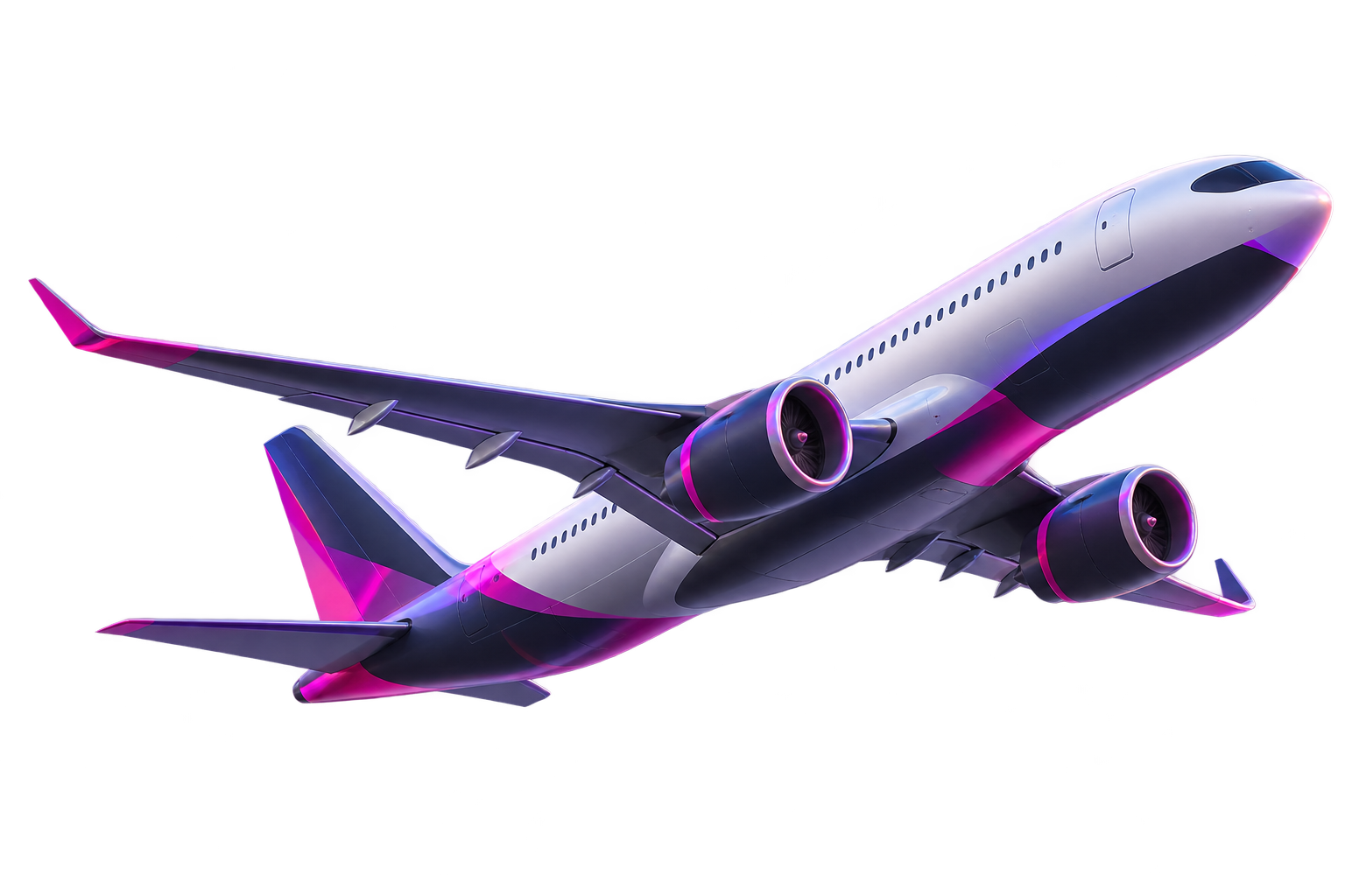 Abstract 3D aircraft in Das Meta magenta and violet accents, ascending toward the upper right