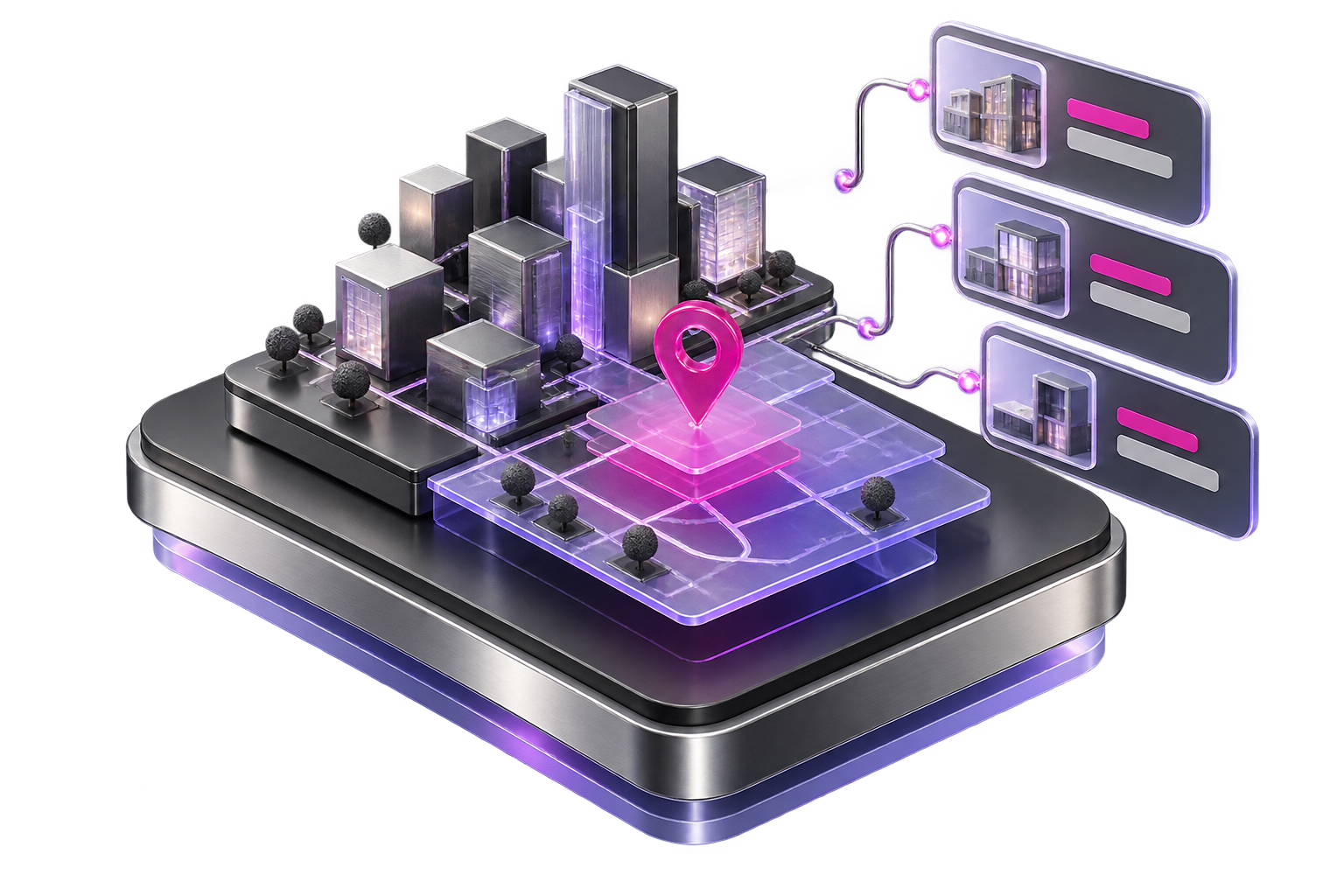 3D platform visual showing a property, map and listing cards
